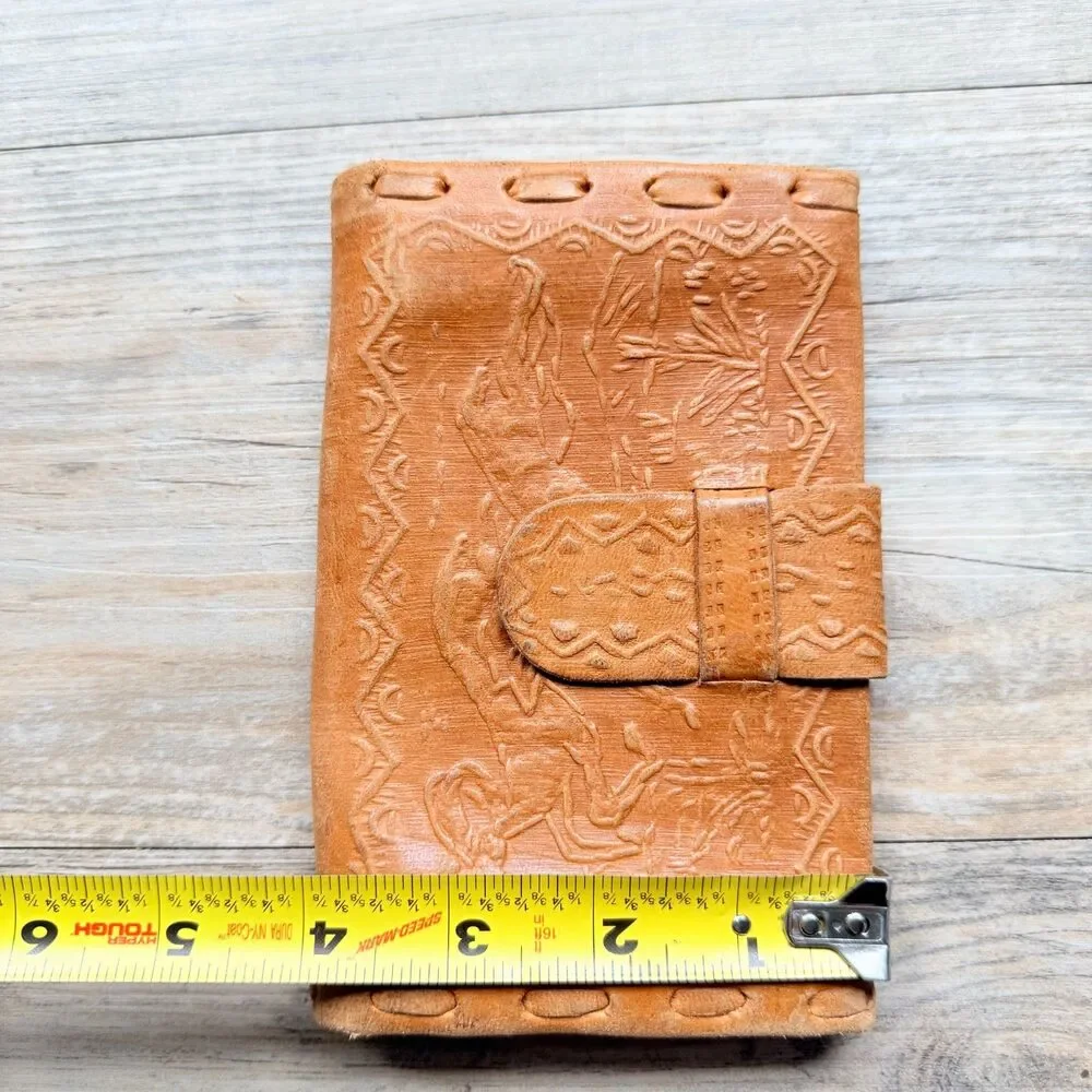 Vintage Tooled Leather Wallet Western Horse Cowboy Tan Bifold Snap Closure